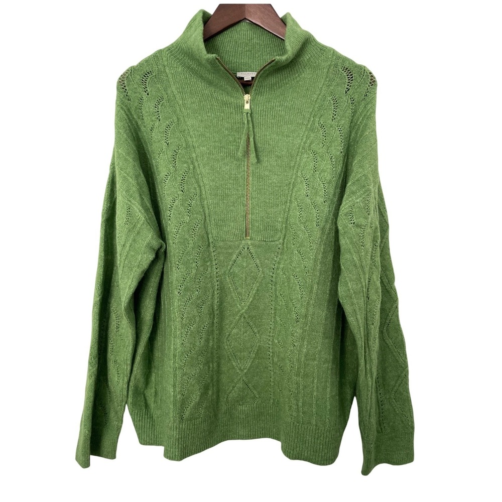 Talbots XL Cable Pointelle Sweater Quarter Zip Mock Neck Diamond Knit Green